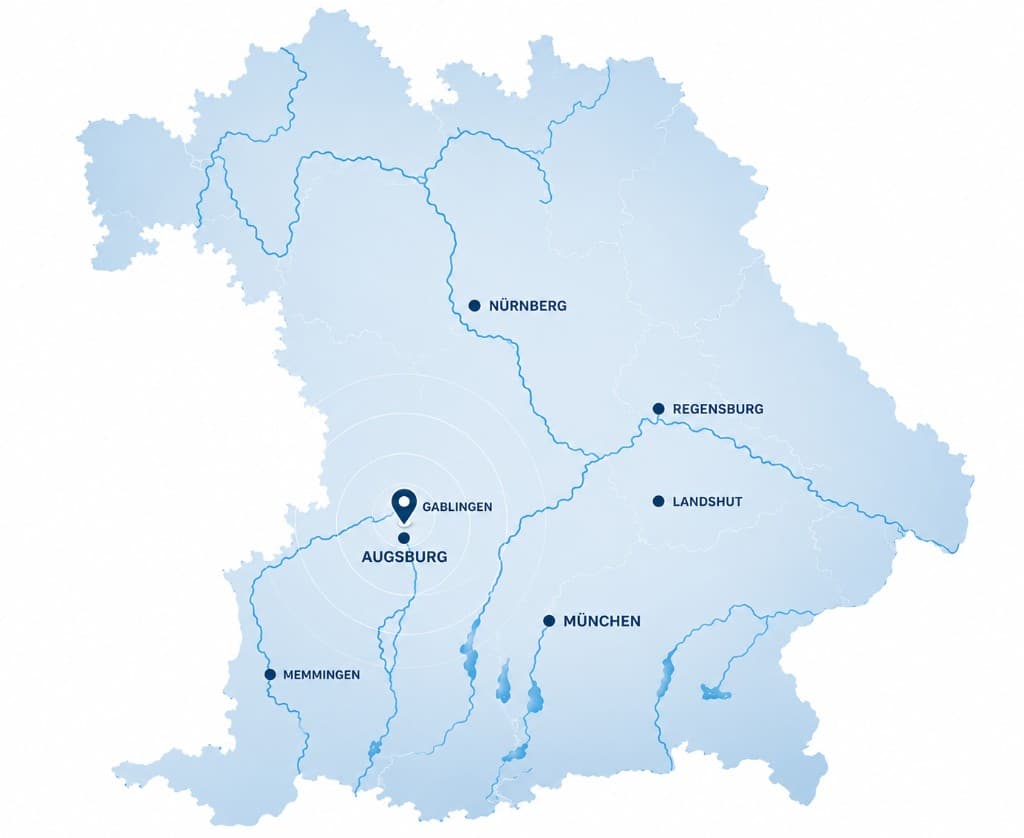 Karte Bayern mit Standort Gablingen bei Augsburg und Einzugsgebiet