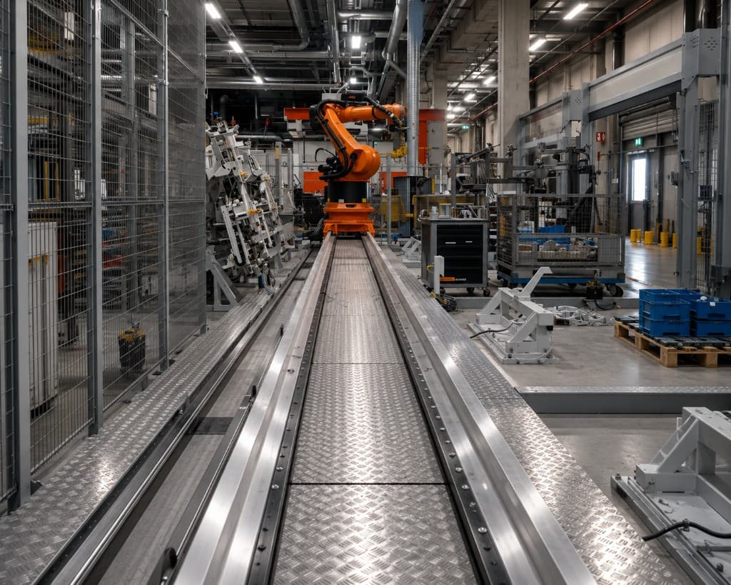 Industrieanlage mit Roboter und Fördertechnik
